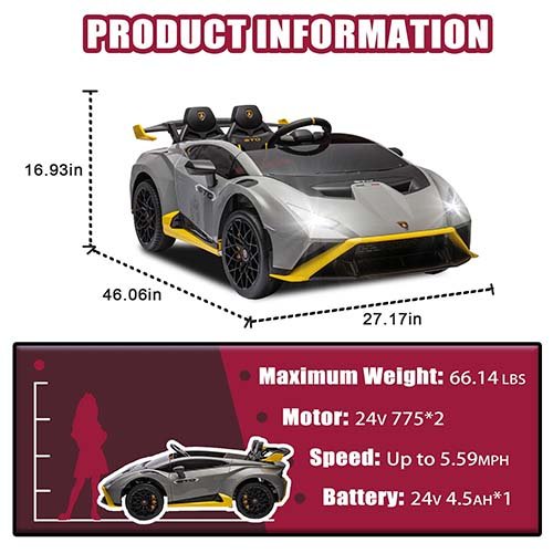 🚗 24V Lamborghini Electric Car for Kids with Remote Control – Gray