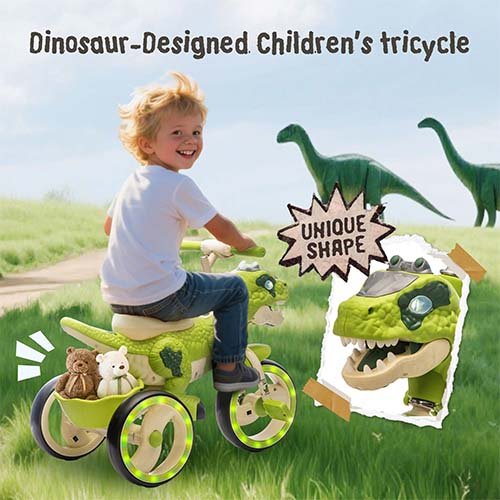 🦖 Xuanlur Kids Ride On Dinosaur Tricycle – 3-Wheel Stable Design, Flash Wheels, Music & Lights (Green)